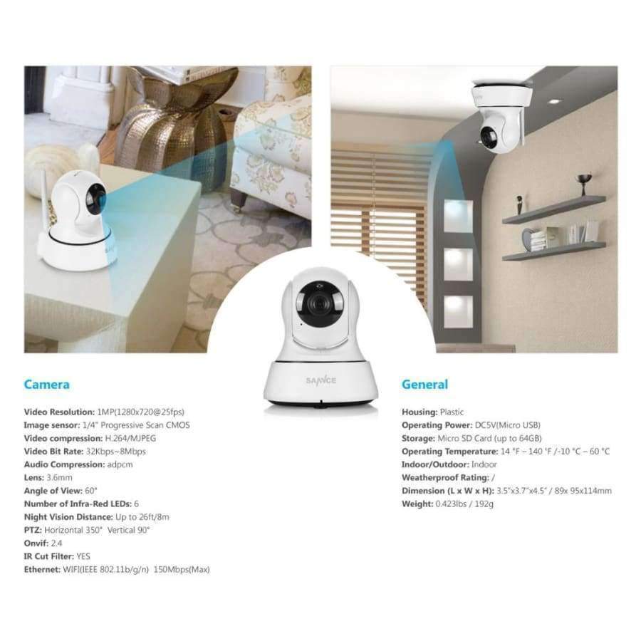 Avelena | Sannce Wifi Ip Kamera Hd 720P Drahtlos 1Mp Smart Cctv Sicherheitskamera P2P Netzwerk Babyphone Heimschutz Mobile Fernkamera