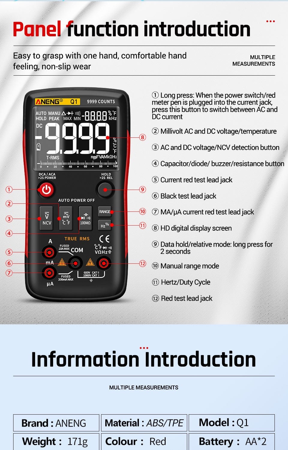 Avelena | Aneng Q1 Digitale Multimeter 9999 Analogtester Wahrer Rms Professionelles Multimeter Diy Transistor Kondensator Ncv Tester Lcr Meter