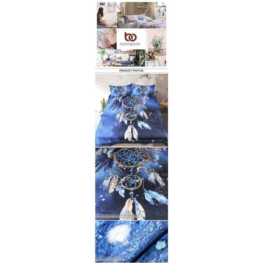 Avelena | Bettwäsche Dreamcatcher Bettwäsche Set Queen Größe Feder Blau Bedruckte Bettdecke Boho Bettwäsche 3-Teilig Weißkopfseeadler Heimtextilien