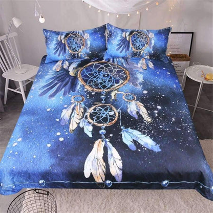 Avelena | Bettwäsche Dreamcatcher Bettwäsche Set Queen Größe Feder Blau Bedruckte Bettdecke Boho Bettwäsche 3-Teilig Weißkopfseeadler Heimtextilien