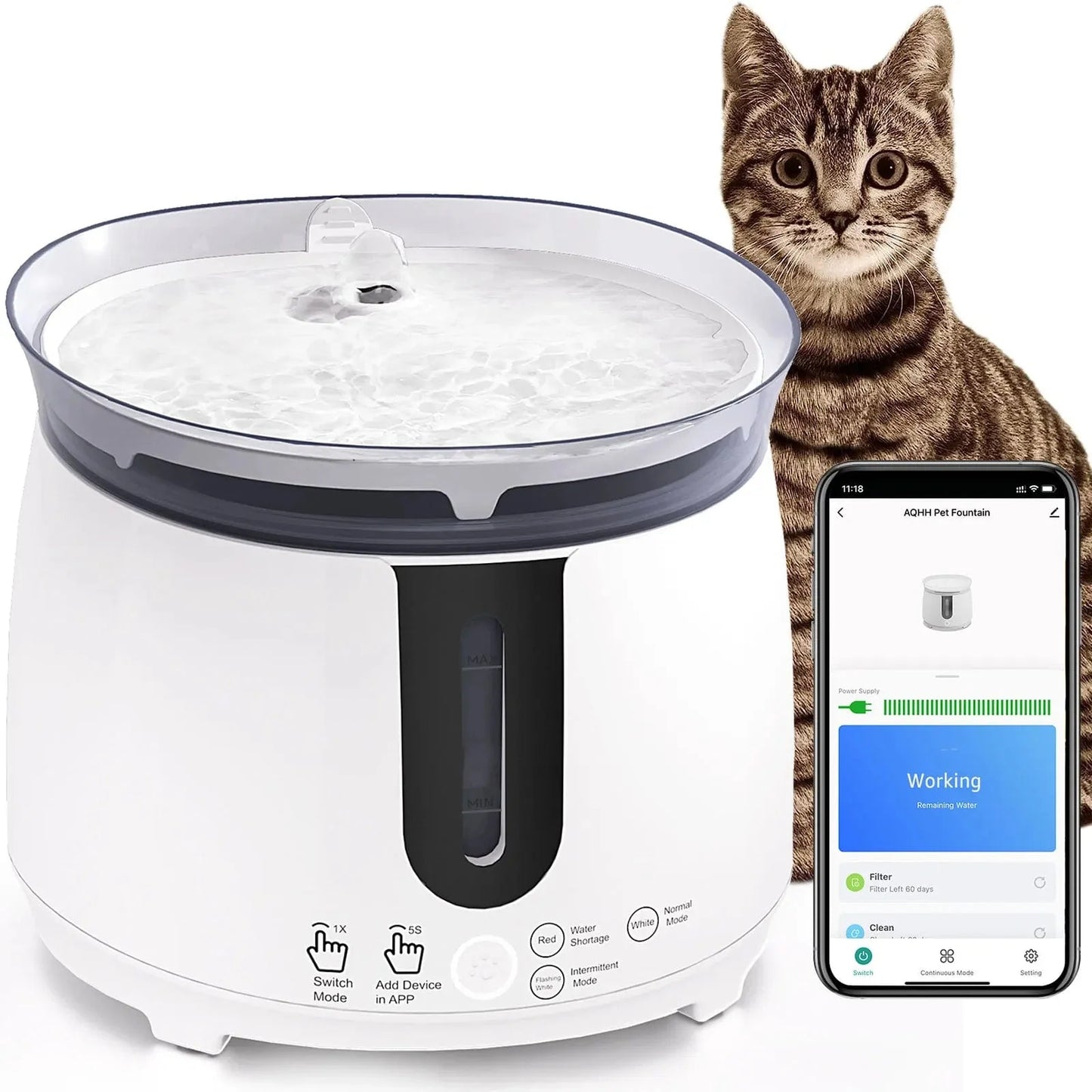 Avelena | Aqhh Katzenwasserbrunnen Mit Kabelloser Pumpe Haustierwasserbrunnen Für Katzen Drinnen Automatischer Intelligenter Brunnen App-Steuerung Einfache Reinigung