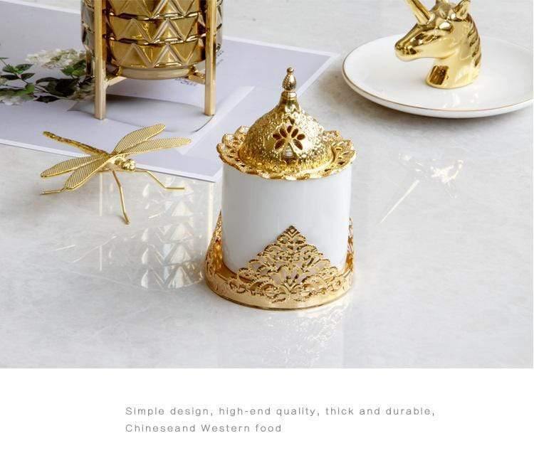 Avelena | Kreative Goldene Schmiedeeiserne Keramik-Kombination Räuchergefäß Aromatherapie-Ofen Möbel Dekoration Schmuckstücke