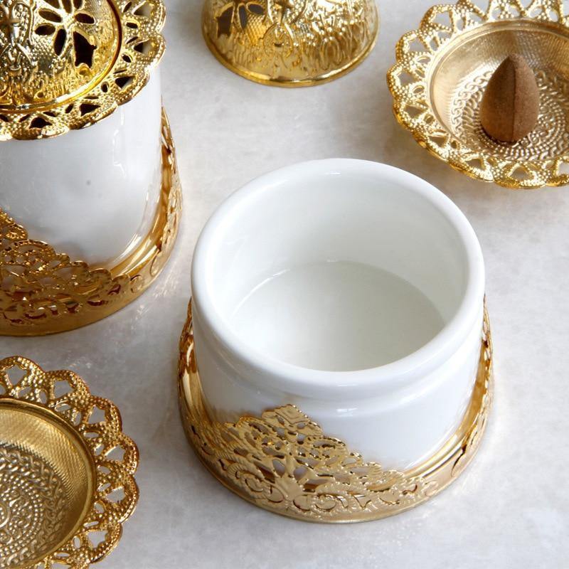 Avelena | Kreative Goldene Schmiedeeiserne Keramik-Kombination Räuchergefäß Aromatherapie-Ofen Möbel Dekoration Schmuckstücke