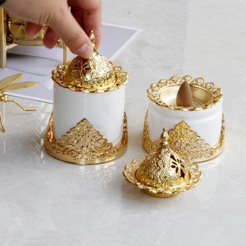Avelena | Kreative Goldene Schmiedeeiserne Keramik-Kombination Räuchergefäß Aromatherapie-Ofen Möbel Dekoration Schmuckstücke
