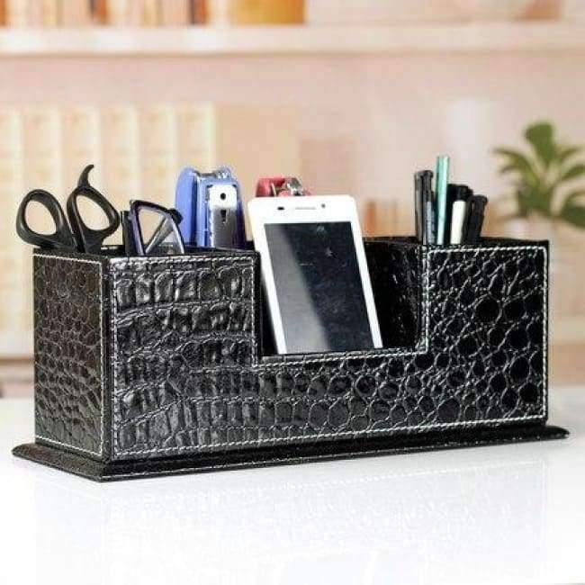 Avelena | Doppelseitige Holz-Pu-Leder Schreibtisch Stift Bleistift Box Fall Mobile Kartenorganizer Schreibwaren Zubehör Organizer Aufbewahrungsregal 202A