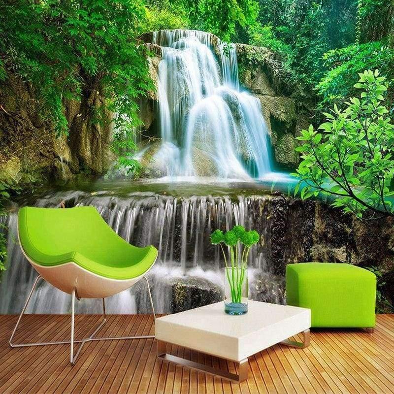 Avelena | Benutzerdefinierte Wandgemälde Fototapete 3D Grüner Wald Wasserfall Natürliche Landschaft Malerei Vliesstoff Strohtapete Wandbild