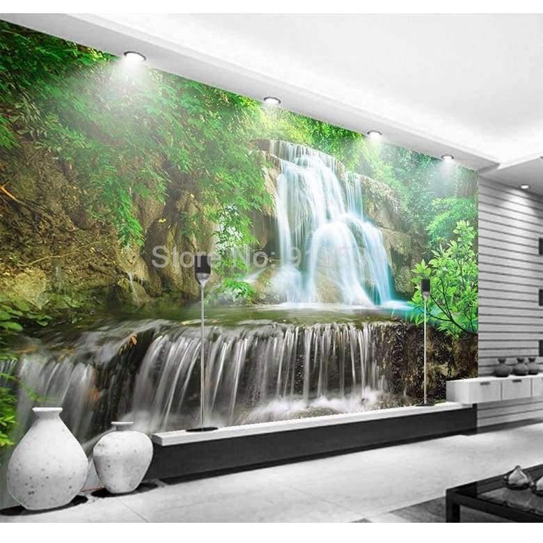 Avelena | Benutzerdefinierte Wandgemälde Fototapete 3D Grüner Wald Wasserfall Natürliche Landschaft Malerei Vliesstoff Strohtapete Wandbild