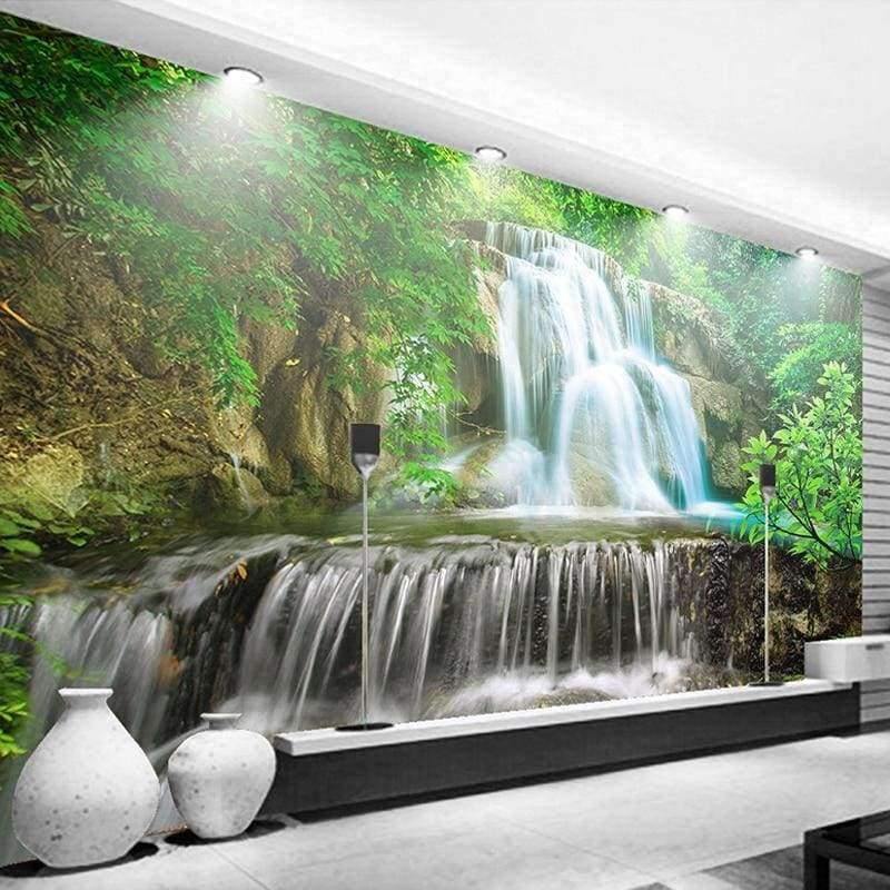 Avelena | Benutzerdefinierte Wandgemälde Fototapete 3D Grüner Wald Wasserfall Natürliche Landschaft Malerei Vliesstoff Strohtapete Wandbild