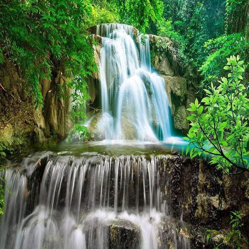 Avelena | Benutzerdefinierte Wandgemälde Fototapete 3D Grüner Wald Wasserfall Natürliche Landschaft Malerei Vliesstoff Strohtapete Wandbild
