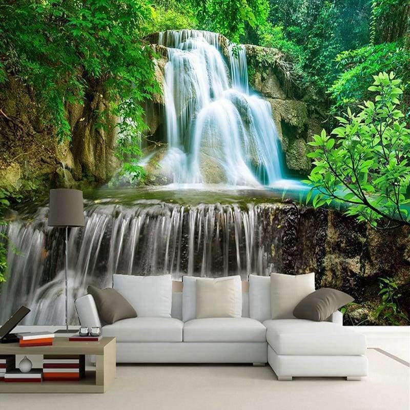 Avelena | Benutzerdefinierte Wandgemälde Fototapete 3D Grüner Wald Wasserfall Natürliche Landschaft Malerei Vliesstoff Strohtapete Wandbild