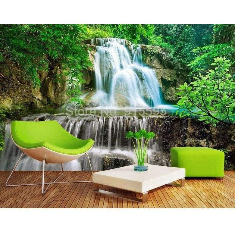Avelena | Benutzerdefinierte Wandgemälde Fototapete 3D Grüner Wald Wasserfall Natürliche Landschaft Malerei Vliesstoff Strohtapete Wandbild