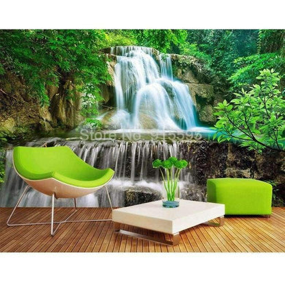 Avelena | Benutzerdefinierte Wandgemälde Fototapete 3D Grüner Wald Wasserfall Natürliche Landschaft Malerei Vliesstoff Strohtapete Wandbild