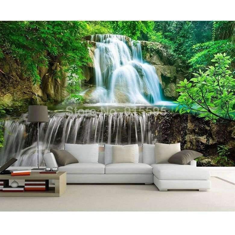 Avelena | Benutzerdefinierte Wandgemälde Fototapete 3D Grüner Wald Wasserfall Natürliche Landschaft Malerei Vliesstoff Strohtapete Wandbild