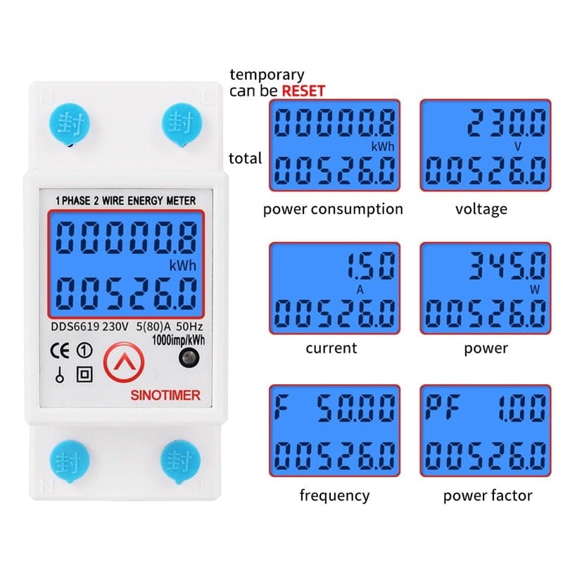 Avelena | Din-Schiene Digitaler Einphasen Rücksetzbarer Zero-Energy-Meter Kwh Spannung Strom Verbrauchs-Meter Wattmeter Elektrizität 220V Ac