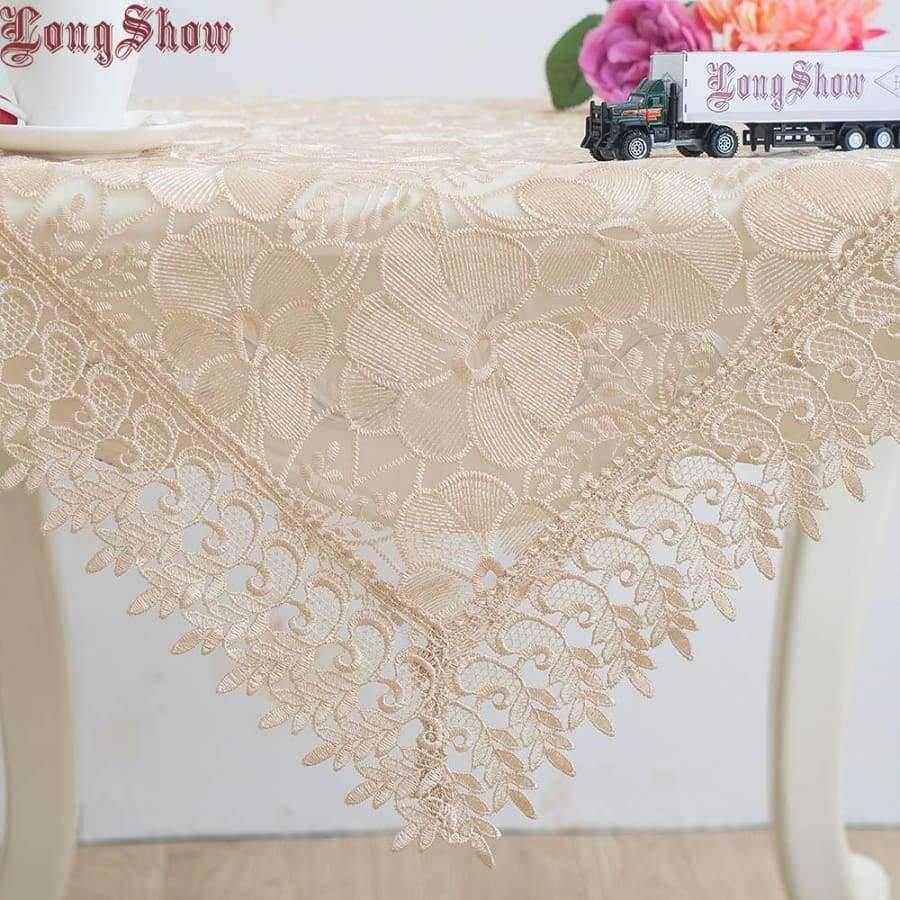 Avelena | Leichtkaffee Pure Organza Spitzeneinfassung Lotus Bestickte Tischdecke