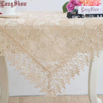 Avelena | Leichtkaffee Pure Organza Spitzeneinfassung Lotus Bestickte Tischdecke