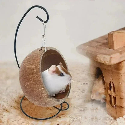Avelena | Hamster Kokosnussschale Hängematte Nest Schlafplatz Versteck Mit Ständer Käfig Zubehör Für Kleine Tiere Golden Bear Zuckerglider
