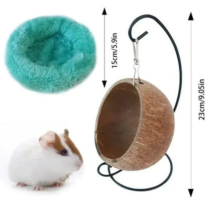 Avelena | Hamster Kokosnussschale Hängematte Nest Schlafplatz Versteck Mit Ständer Käfig Zubehör Für Kleine Tiere Golden Bear Zuckerglider