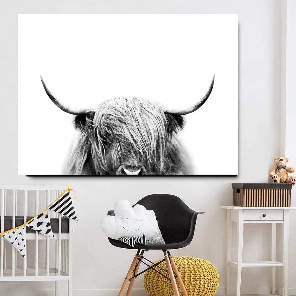 Avelena | Hochlandrind Rinder Wandcanvas Kunst Nordische Malerei Poster und Druck Skandinavisches Wandbild für Das Wohnzimmer