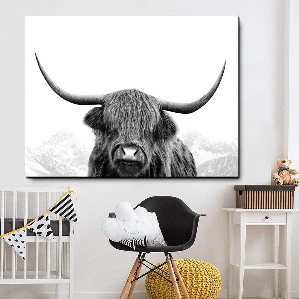Avelena | Hochlandrind Rinder Wandcanvas Kunst Nordische Malerei Poster und Druck Skandinavisches Wandbild für Das Wohnzimmer