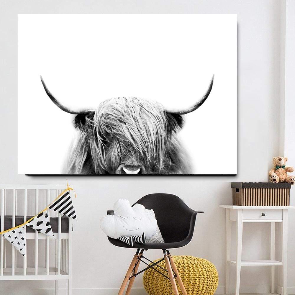 Avelena | Hochlandrind Rinder Wandcanvas Kunst Nordische Malerei Poster und Druck Skandinavisches Wandbild für Das Wohnzimmer