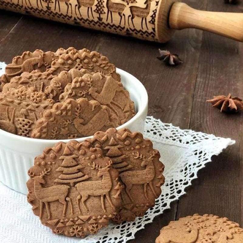 Avelena | 43Cm Weihnachts Präge Nudelholz Graviertes Geschnitztes Holz Präge Nudelholz Schneeflocke Rentier Backen