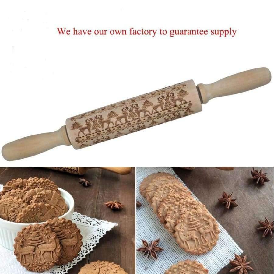 Avelena | 43Cm Weihnachts Präge Nudelholz Graviertes Geschnitztes Holz Präge Nudelholz Schneeflocke Rentier Backen