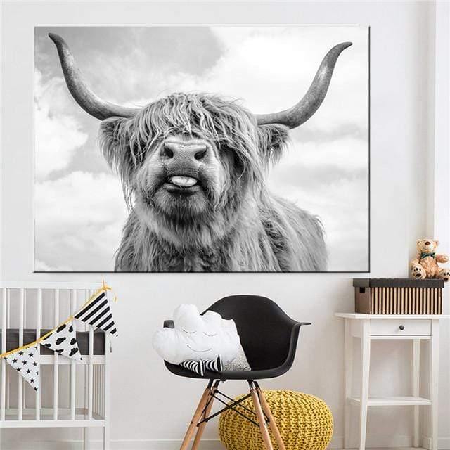Avelena | Hochlandrind Rinder Wandcanvas Kunst Nordische Malerei Poster und Druck Skandinavisches Wandbild für Das Wohnzimmer