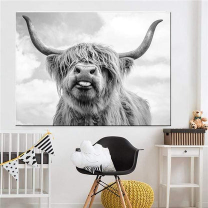 Avelena | Hochlandrind Rinder Wandcanvas Kunst Nordische Malerei Poster und Druck Skandinavisches Wandbild für Das Wohnzimmer