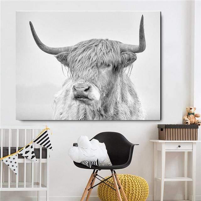 Avelena | Hochlandrind Rinder Wandcanvas Kunst Nordische Malerei Poster und Druck Skandinavisches Wandbild für Das Wohnzimmer