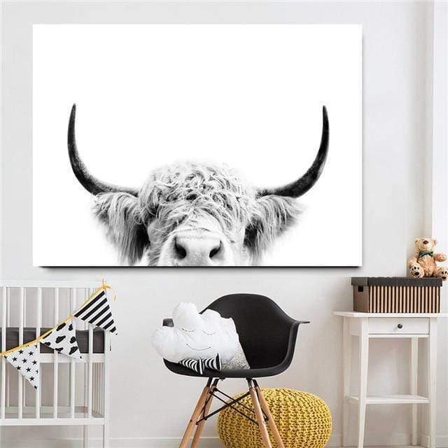 Avelena | Hochlandrind Rinder Wandcanvas Kunst Nordische Malerei Poster und Druck Skandinavisches Wandbild für Das Wohnzimmer