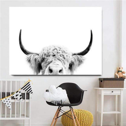 Avelena | Hochlandrind Rinder Wandcanvas Kunst Nordische Malerei Poster und Druck Skandinavisches Wandbild für Das Wohnzimmer