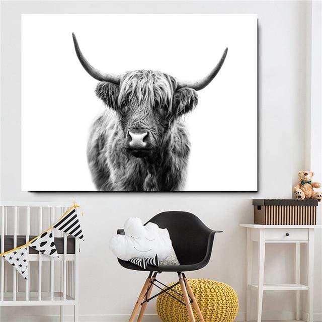 Avelena | Hochlandrind Rinder Wandcanvas Kunst Nordische Malerei Poster und Druck Skandinavisches Wandbild für Das Wohnzimmer