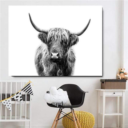 Avelena | Hochlandrind Rinder Wandcanvas Kunst Nordische Malerei Poster und Druck Skandinavisches Wandbild für Das Wohnzimmer