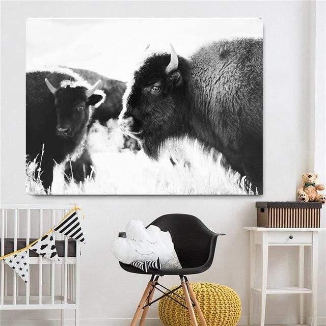 Avelena | Hochlandrind Rinder Wandcanvas Kunst Nordische Malerei Poster und Druck Skandinavisches Wandbild für Das Wohnzimmer