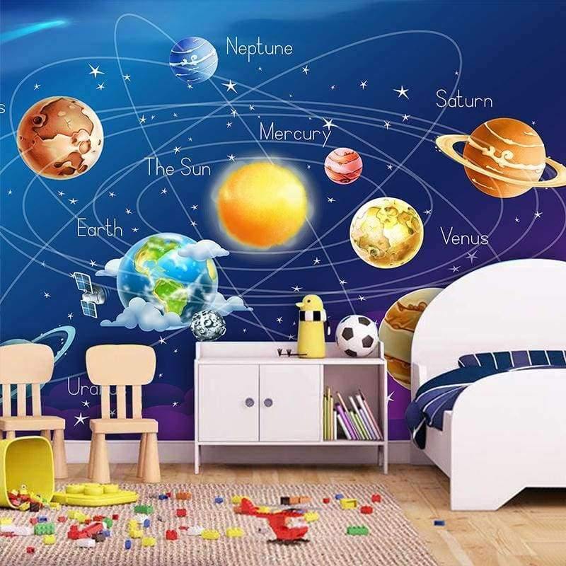 Avelena | Wandtapete 3D Cartoon Planet Sonnensystem Fototapete Kinderzimmer Schlafzimmer Wandmalerei Wohnzimmer Tapete
