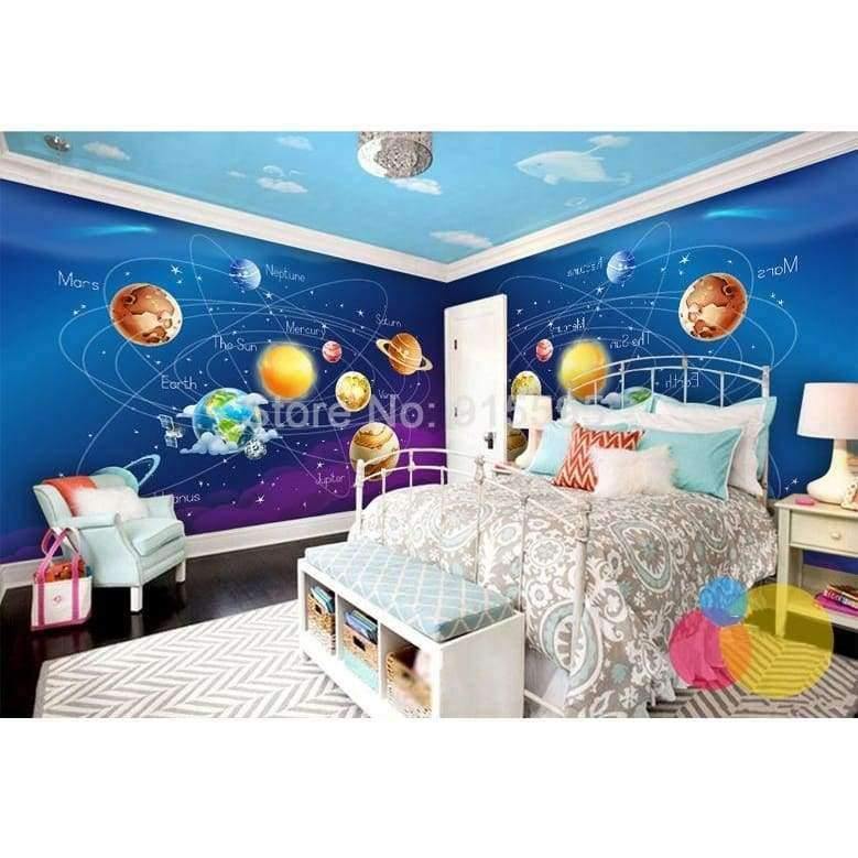 Avelena | Wandtapete 3D Cartoon Planet Sonnensystem Fototapete Kinderzimmer Schlafzimmer Wandmalerei Wohnzimmer Tapete