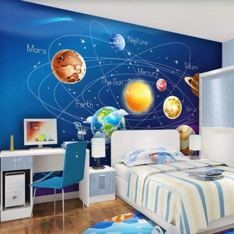 Avelena | Wandtapete 3D Cartoon Planet Sonnensystem Fototapete Kinderzimmer Schlafzimmer Wandmalerei Wohnzimmer Tapete