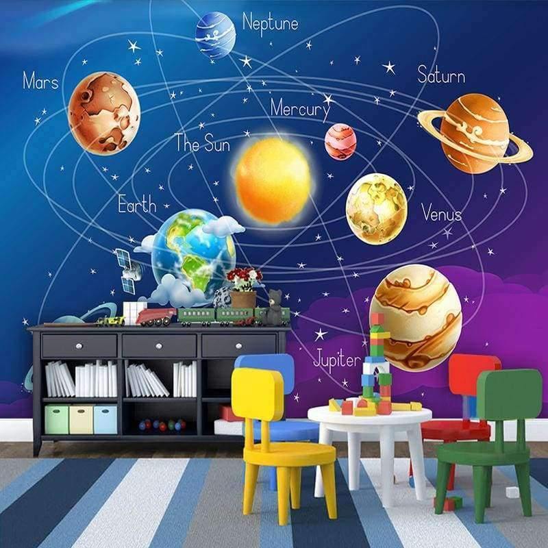 Avelena | Wandtapete 3D Cartoon Planet Sonnensystem Fototapete Kinderzimmer Schlafzimmer Wandmalerei Wohnzimmer Tapete