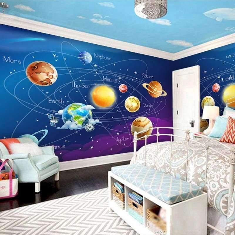 Avelena | Wandtapete 3D Cartoon Planet Sonnensystem Fototapete Kinderzimmer Schlafzimmer Wandmalerei Wohnzimmer Tapete