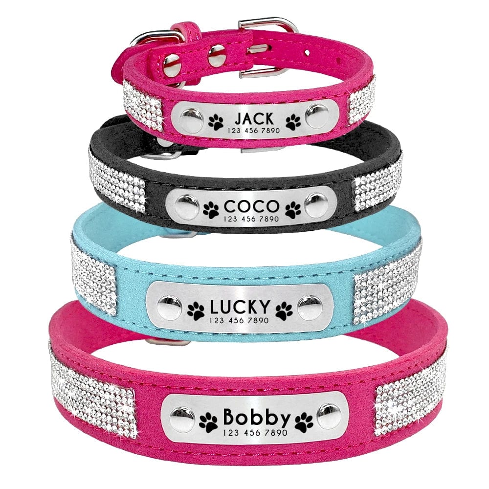 Avelena | Personalisierter Hund Katze Halsband Verstellbares Katzen Kristall Halsbänder Anti-Verlust Leder Welpen Katzen Halskette Fliege Strass Zubehör