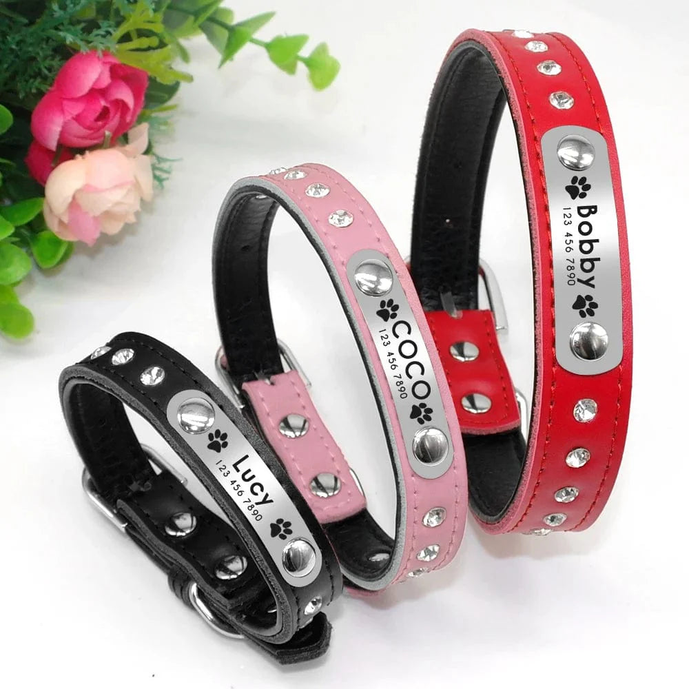Avelena | Personalisierter Hund Katze Halsband Verstellbares Katzen Kristall Halsbänder Anti-Verlust Leder Welpen Katzen Halskette Fliege Strass Zubehör