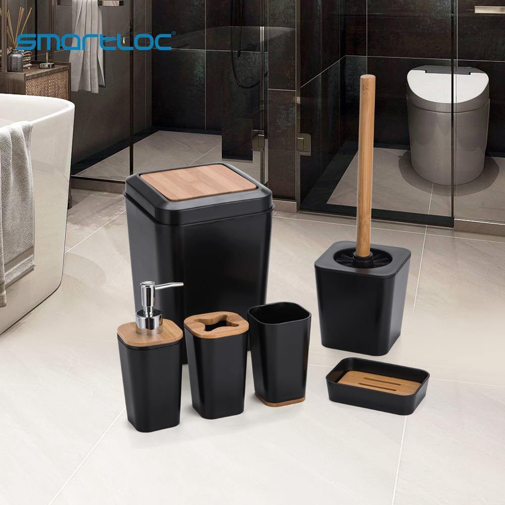 Avelena | Set Aus 6 Smartloc Kunststoff-Badezimmerzubehör Set Zahnbürstenhalter Zahnpastaspender Box Seifenbox Duschablage Schwarz