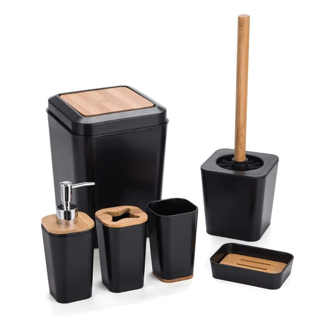 Avelena | Set Aus 6 Smartloc Kunststoff-Badezimmerzubehör Set Zahnbürstenhalter Zahnpastaspender Box Seifenbox Duschablage Schwarz