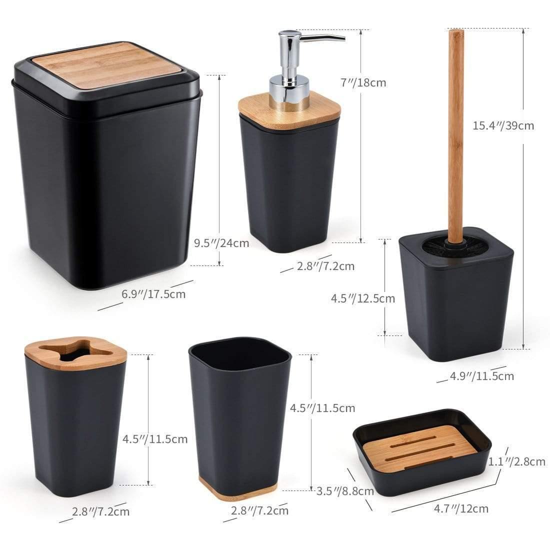 Avelena | Set Aus 6 Smartloc Kunststoff-Badezimmerzubehör Set Zahnbürstenhalter Zahnpastaspender Box Seifenbox Duschablage Schwarz