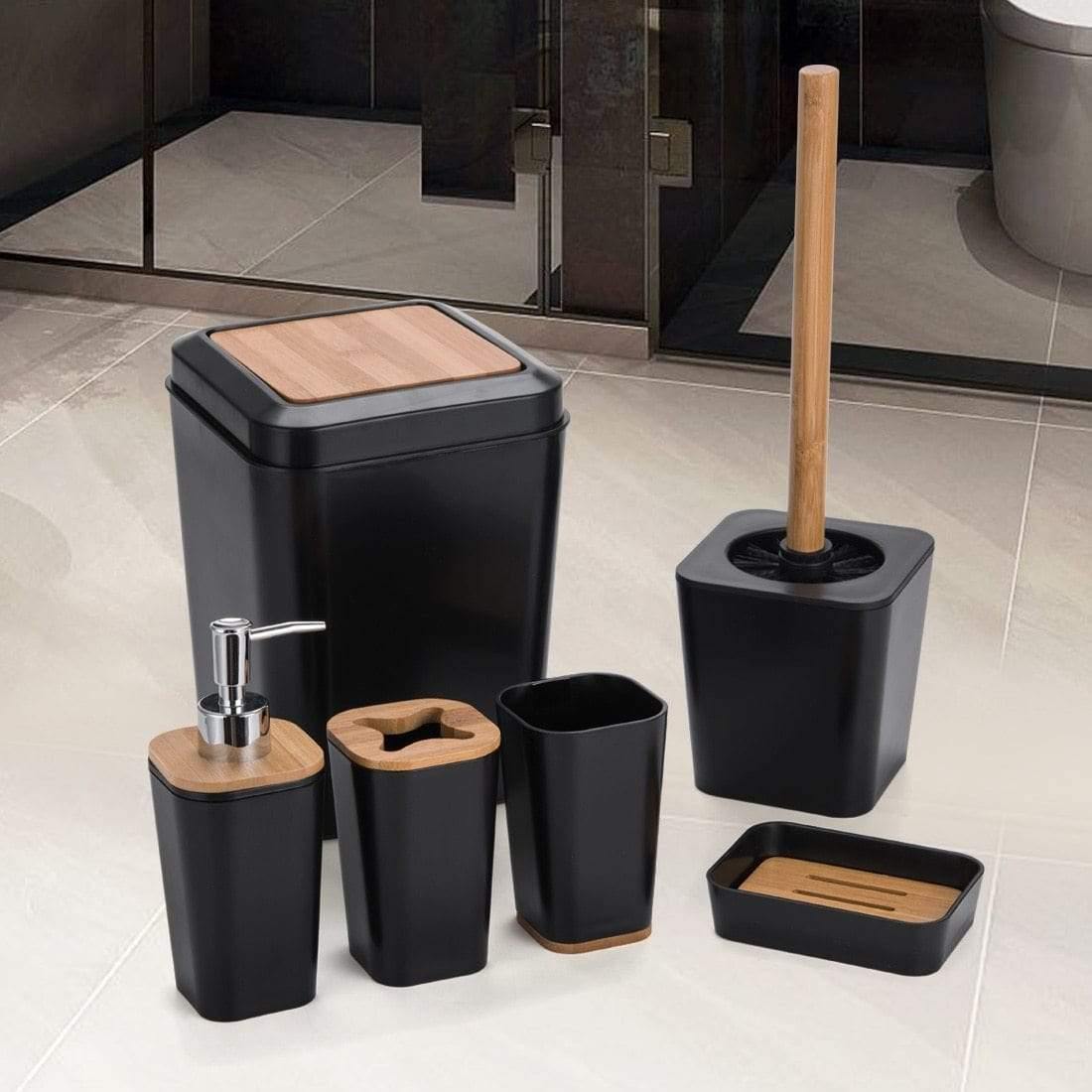 Avelena | Set Aus 6 Smartloc Kunststoff-Badezimmerzubehör Set Zahnbürstenhalter Zahnpastaspender Box Seifenbox Duschablage Schwarz