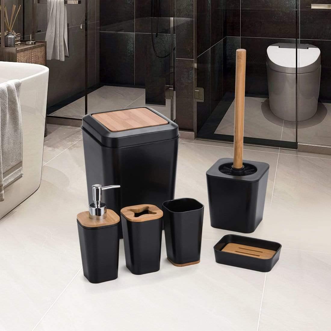 Avelena | Set Aus 6 Smartloc Kunststoff-Badezimmerzubehör Set Zahnbürstenhalter Zahnpastaspender Box Seifenbox Duschablage Schwarz