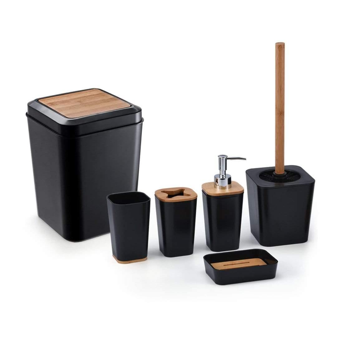 Avelena | Set Aus 6 Smartloc Kunststoff-Badezimmerzubehör Set Zahnbürstenhalter Zahnpastaspender Box Seifenbox Duschablage Schwarz