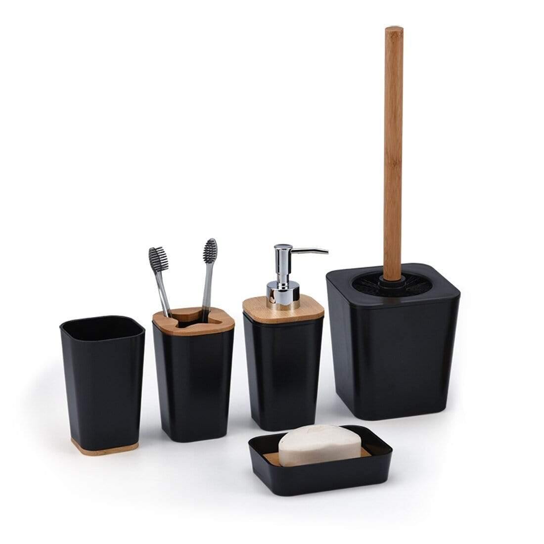 Avelena | Set Aus 6 Smartloc Kunststoff-Badezimmerzubehör Set Zahnbürstenhalter Zahnpastaspender Box Seifenbox Duschablage Schwarz