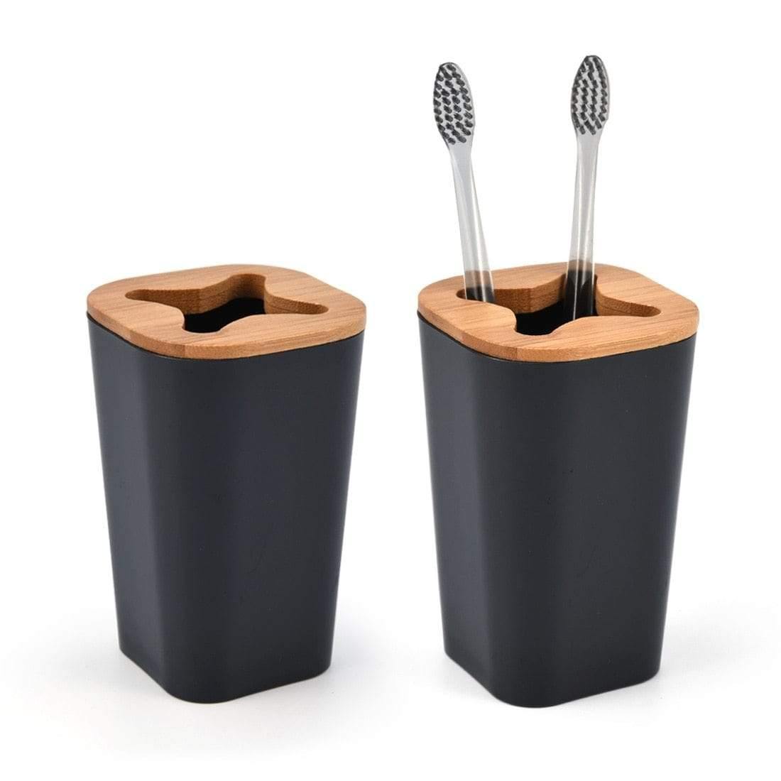 Avelena | Set Aus 6 Smartloc Kunststoff-Badezimmerzubehör Set Zahnbürstenhalter Zahnpastaspender Box Seifenbox Duschablage Schwarz